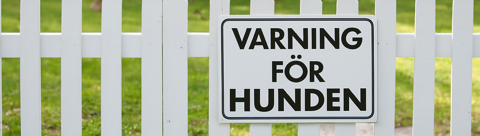 Vitt staket med skylt "VARNING FÖR HUNDEN"