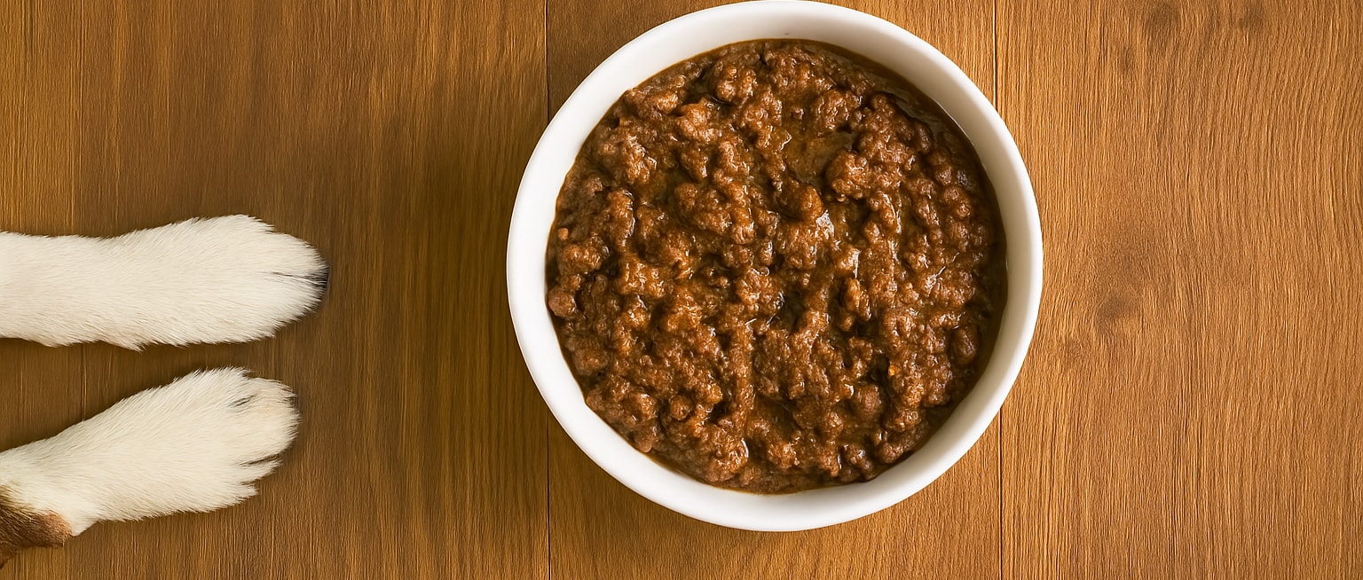 Våtfoder i en vit keramikskål