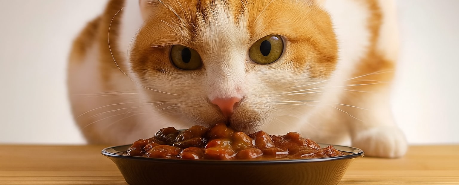 Katt luktar på våtfoder i en låg skål