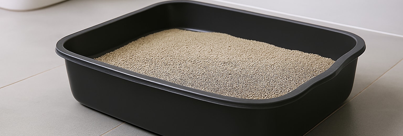 Svart öppen kattlåda med kattsand