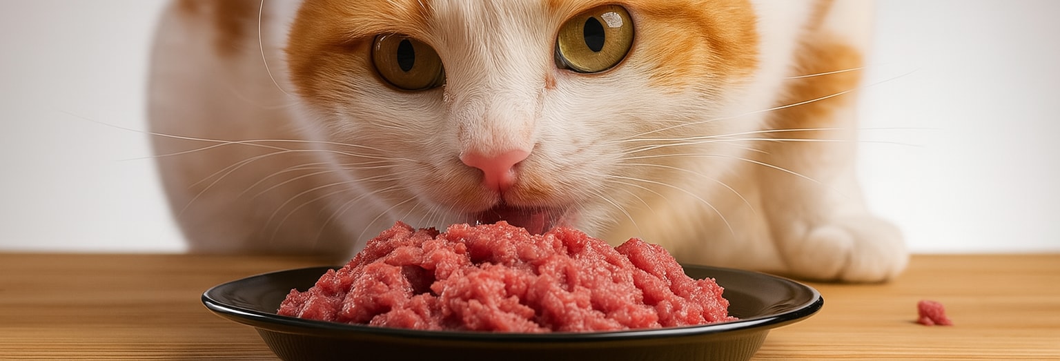 Katt äter färskfoder från en svart skål