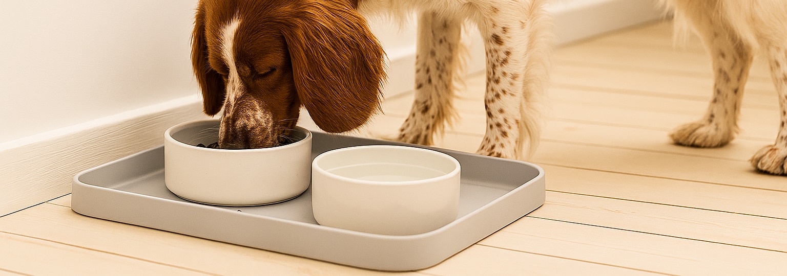 Hund äter ur en matskål som står på ett underlägg