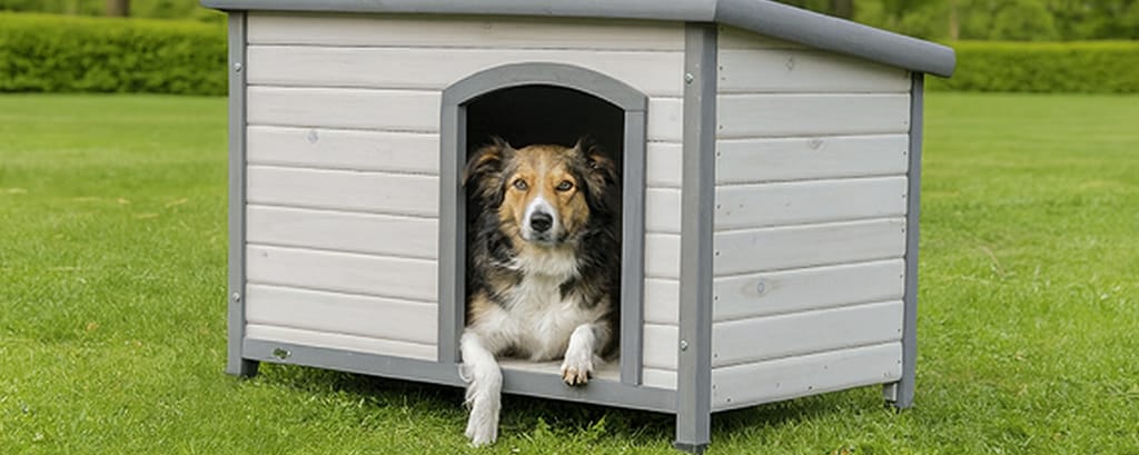 Hund ligger i ett hundhus