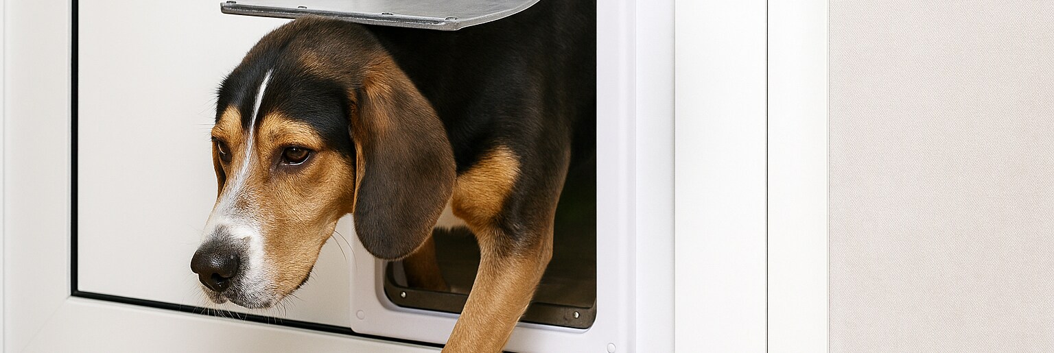 Hund kommer in genom en hundlucka