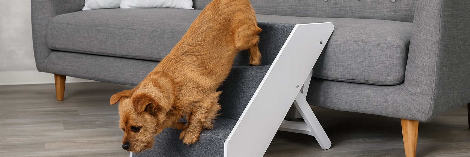 Hund går ner från en soffa med hjälp av en liten trappa