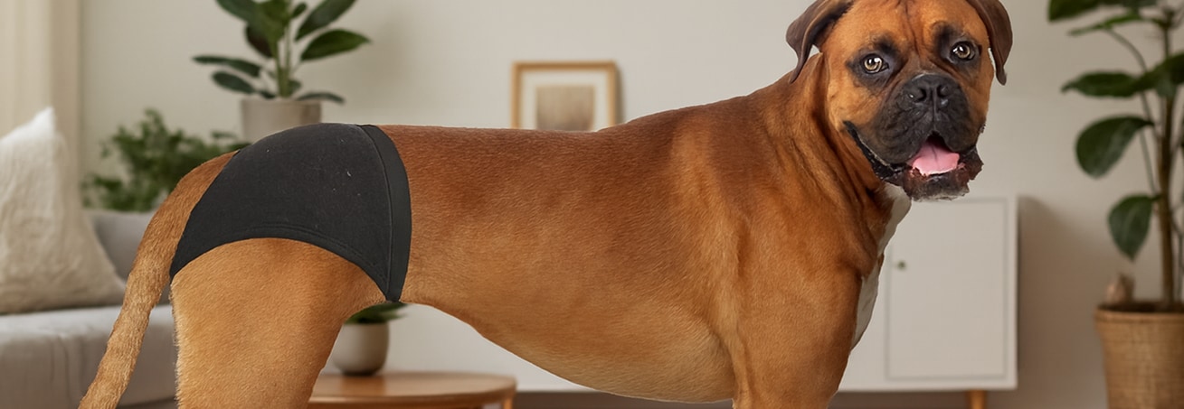 Boxer med svarta löptrosor på sig