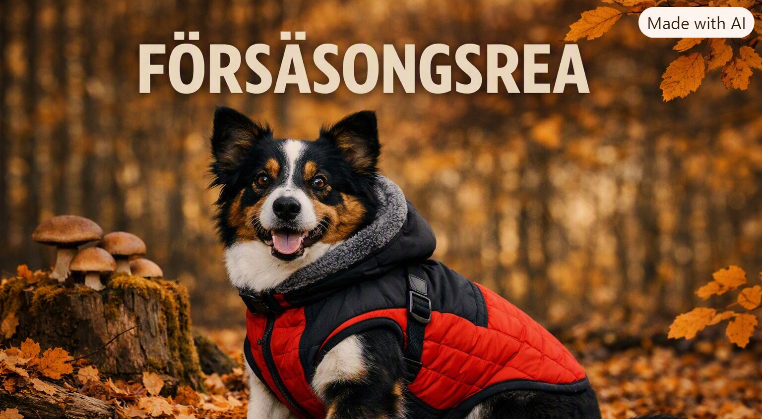 Hund med jacka i höstig miljö