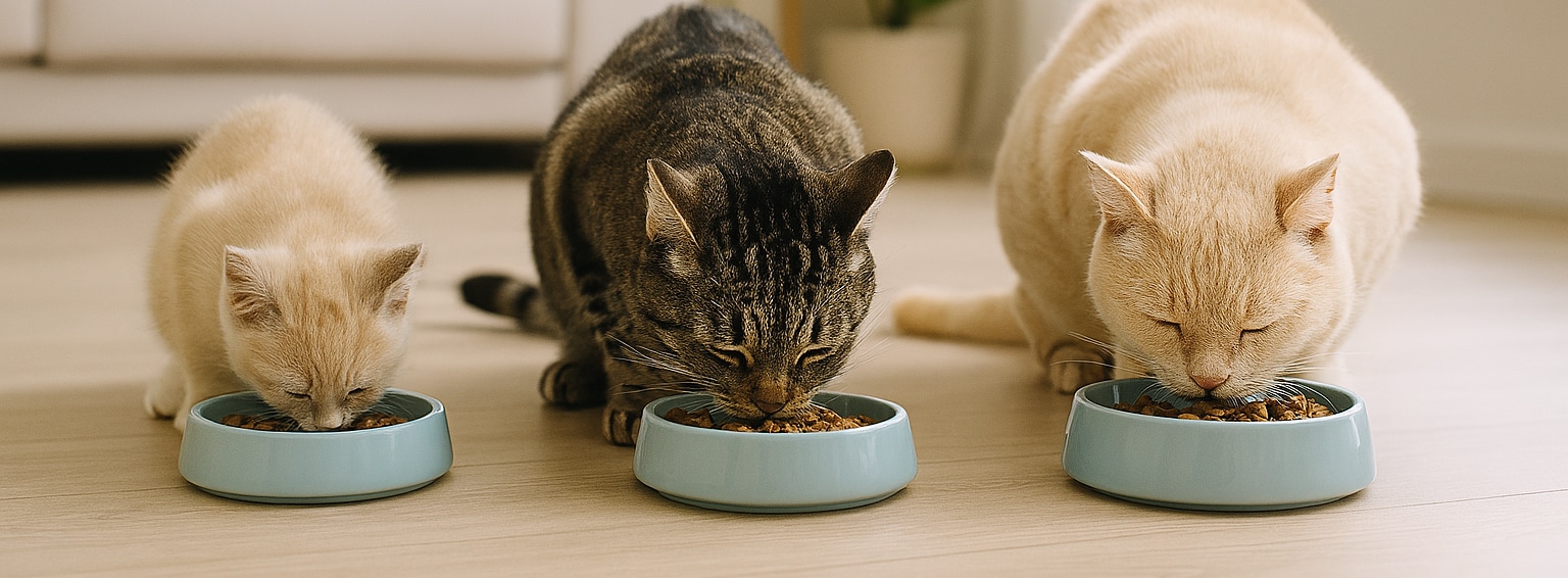 Tre katter i olika livsstadier äter mat ur varsin skål