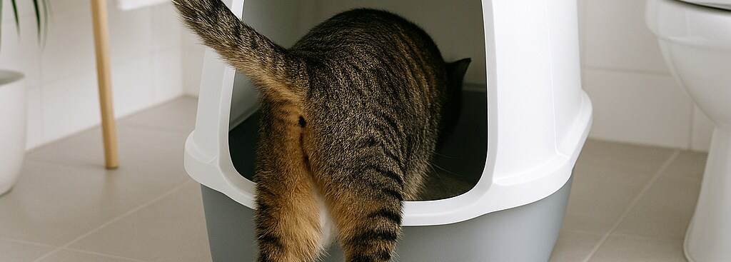 Katt påväg in i en toalåda med huv