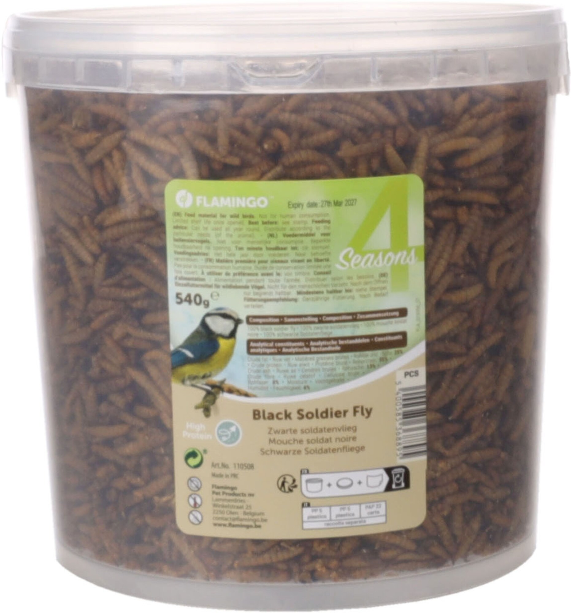 Torkade svarta soldatflugelarver i hink 540g