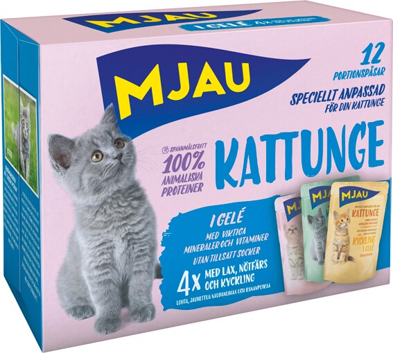 Mjau för kattunge, kött och fisk i gele multipack 12x85g